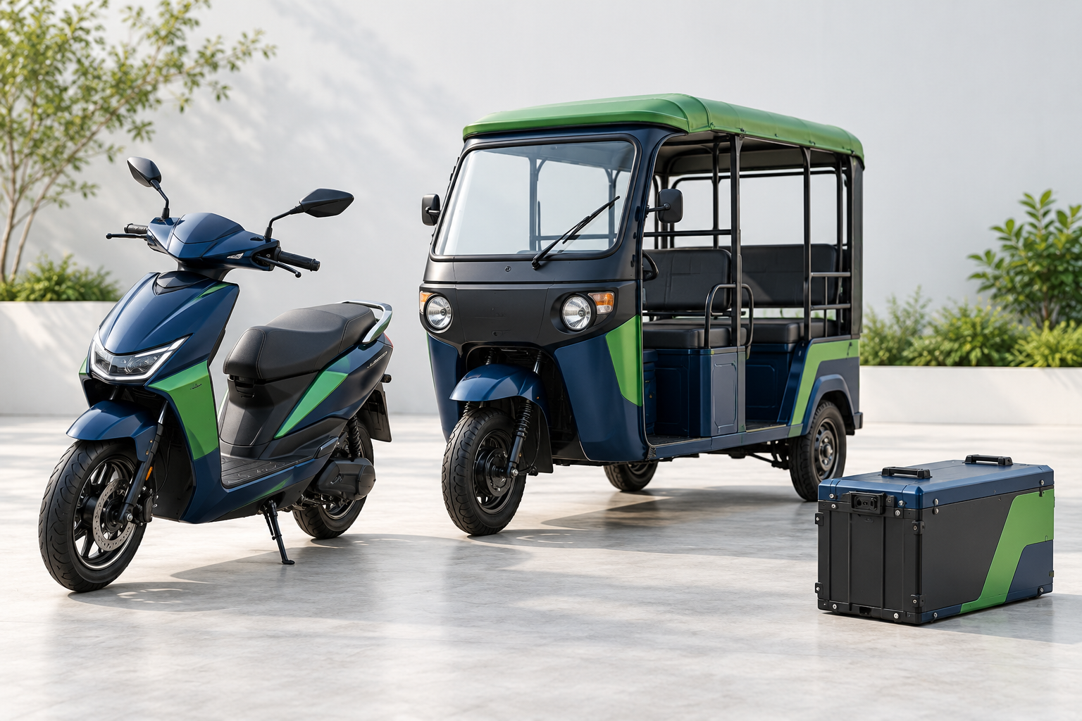 Electric scooter, auto rickshaw and EV battery